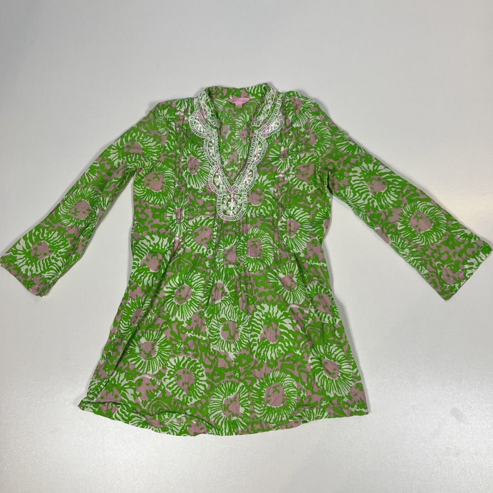 Lilly Pulitzer Sarasota Tunic Top Size Small Sunnyside Cabana Lion Beaded V-Neck - Picture 2 of 7